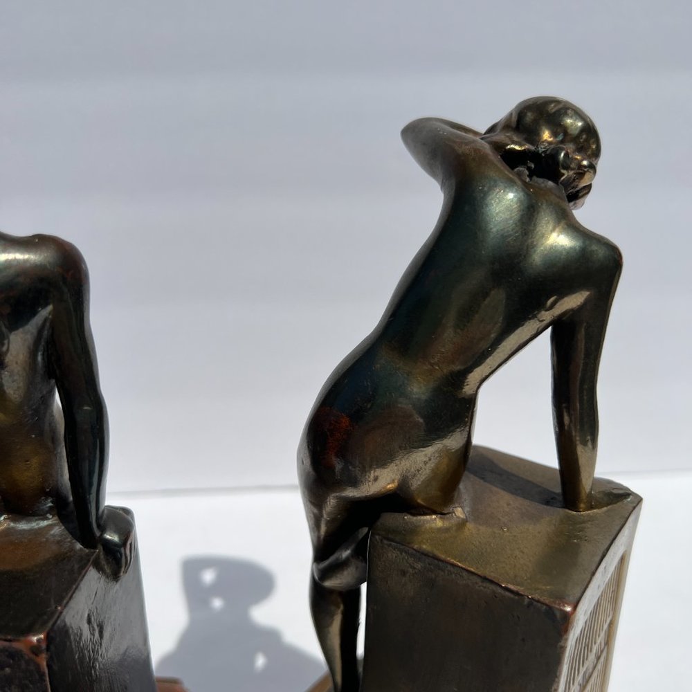 Bronze Bookends Nude Man Woman Art Nouveau Sculpture Circa 1916 “Classic Art” - Picture 12 of 16